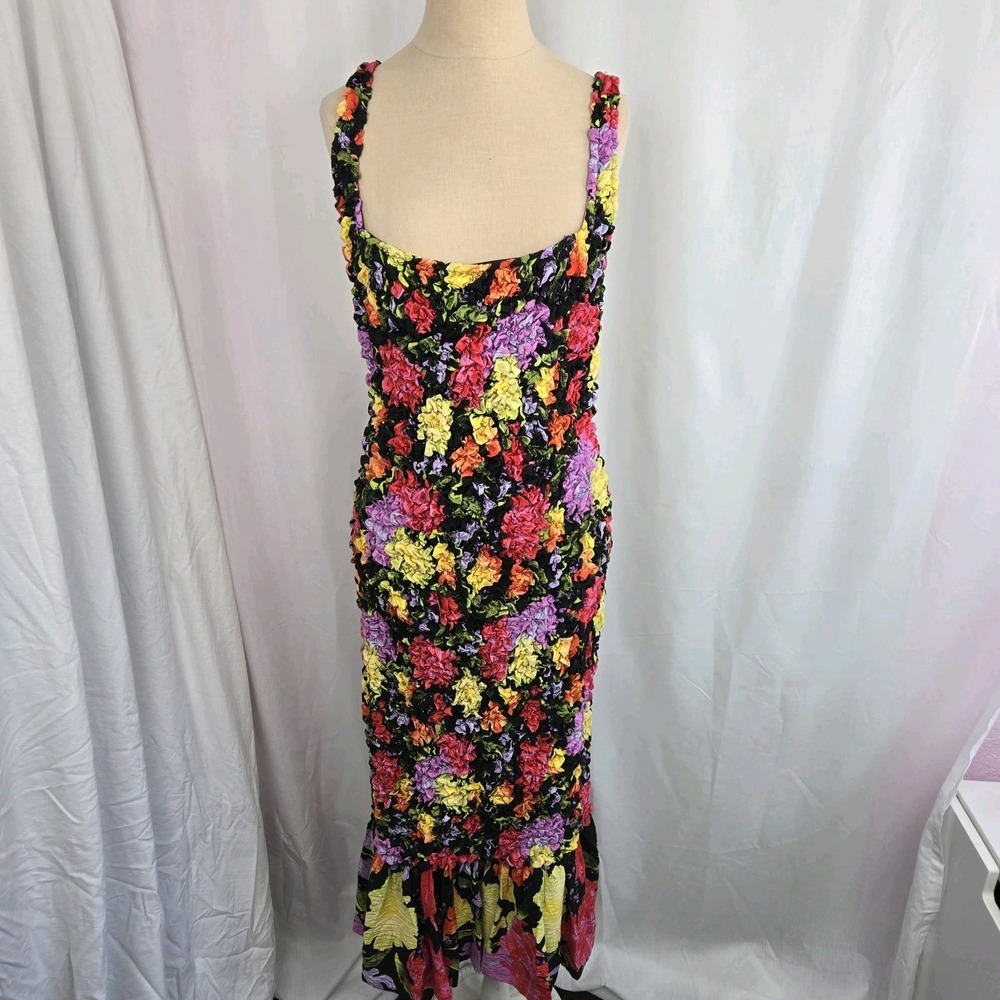 Anthropologie Yukiko Noritake floral pebble smocked Midi dress Size L/XL Bodycon